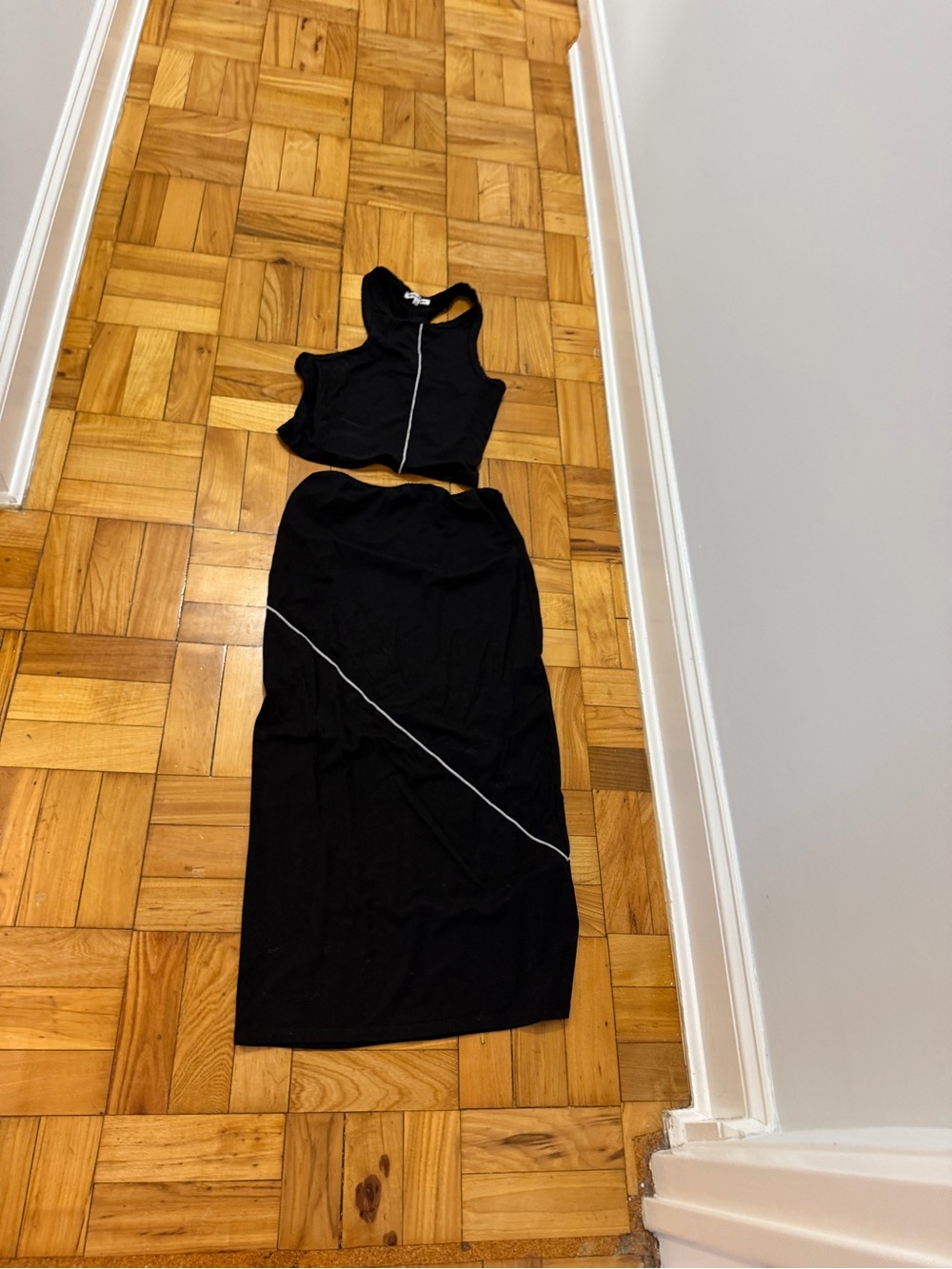 Reformation Black Two-Piece Skirt Set with White Contrast Piping